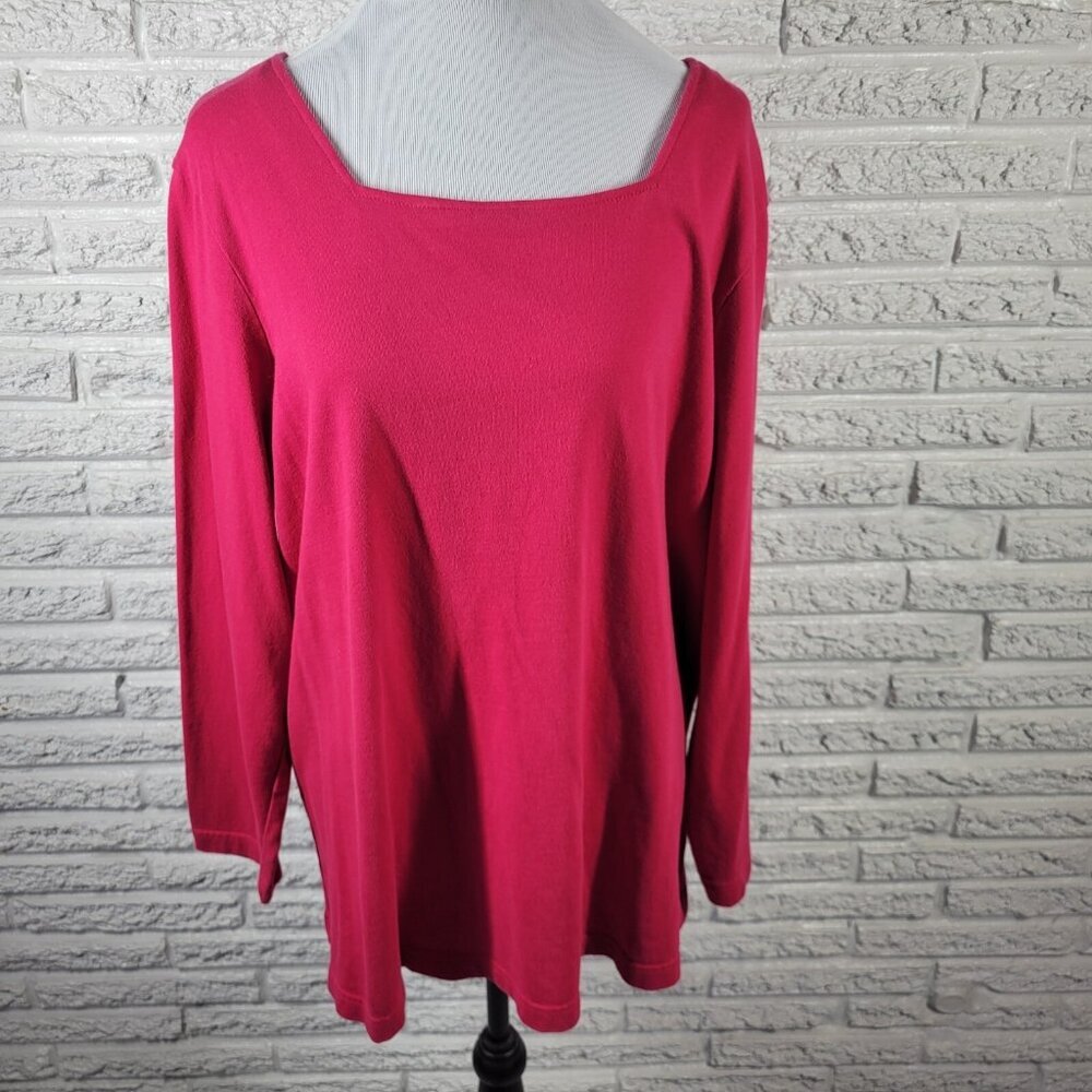 Roamans 1X Pink Cotton Square Neck Top Long Sleeve Relaxed Plus Size PIN36E